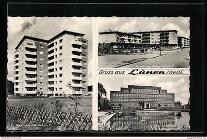 AK Lünen /Westf., Partie am Friedrichshof, Berufsschule, Hochhaus
