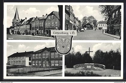 AK Lütjenburg i. H., Markt, Schule, Ehrenmal, Wappen