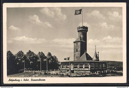 AK Lütjenburg i. Holst., Cafe Riemenschneider und Bismarckturm mit