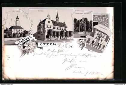 Lithographie Lützen, Altes Schloss, Rathaus, Gustav Adolf Denkmal