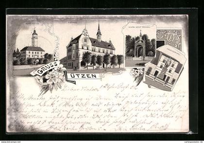 Lithographie Lützen, Rathaus, Altes Schloss, Gustav Adolf-Denkmal, Siegesdenkmal