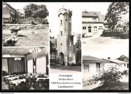 AK Meissen-Bosel, Ferienobjekt VEB, Braunkohlenveredlung Lauchhammer, Gebäude, Speisesaal, Gartenanlage