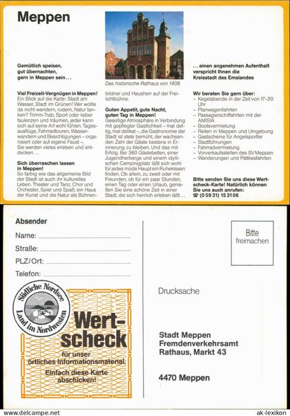 Meppen Bild-Postkarte Ortsansicht Rathaus Drucksache Antwortkarte 1980