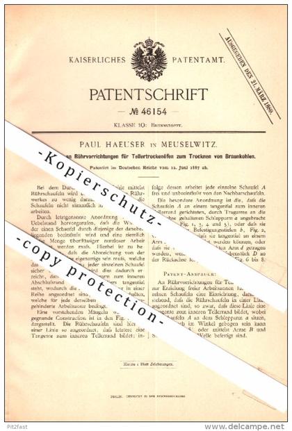 Original Patent - Paul Haeuser in Meuselwitz , 1887 , Trockenofen für Braunkohle , Bergbau , Zeche , Grube , Häuser !!!