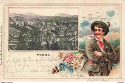 Miesbach Panorama Trachten Blumen Kuenstlerkarte
