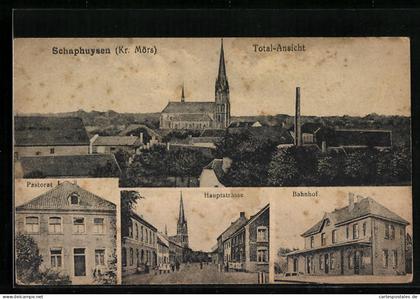 AK Schaephuysen / Kr. Mörs, Bahnhof, Hauptstrasse, Pastorat