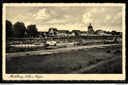 AK Mühlberg /Elbe, Hafen mit Ortspanorama