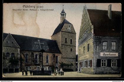 AK Mühlberg /Elbe, Neustädter Kirche, Rathaus, Kriegerdenkmal, Sparkasse