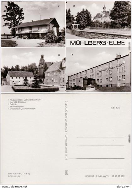 Mühlberg Elbe Gaststätte Strandhäuschen, Schloss Thälmannplatz Schule 1979