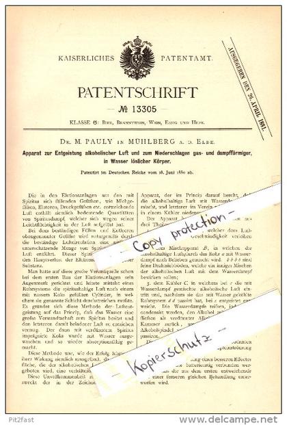 Original Patent - Dr. M. Pauly in Mühlberg a.d. Elbe , 1880 , Apparat zur Entgeistung alkoholischer Luft , Brauerei !!!