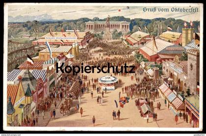 ALTE KÜNSTLER POSTKARTE MÜNCHEN GRUSS VOM OKTOBERFEST 193x Flagge flag Achterbahn roller coaster Munich postcard cpa AK