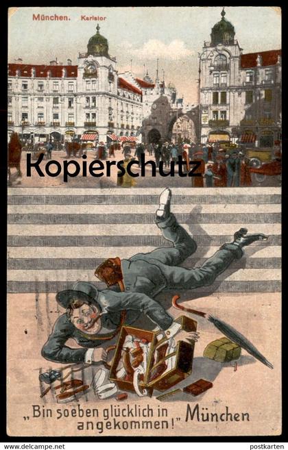 ALTE POSTKARTE MÜNCHEN KARLSTOR BIN SOEBEN GLÜCKLICH IN MÜNCHEN ANGEKOMMEN AK postcard Ansichtskarte cpa