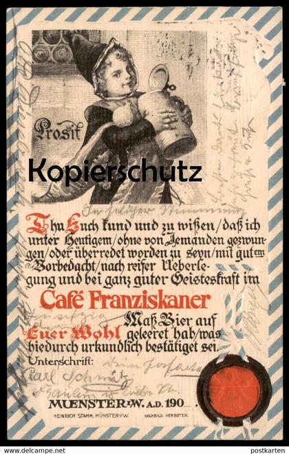 ALTE PRÄGE POSTKARTE CAFÉ FRANZISKANER MÜNSTER MÜNCHNER KINDL Bier beer cpa postcard AK Ansichtskarte