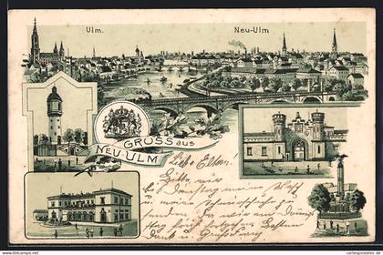 Lithographie Neu-Ulm, Schloss, Denkmal, Turm