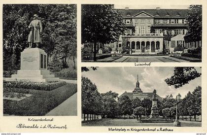 AK Bärwalde Luisenhof Denkmal Rathaus Neumark 1934 gelaufen Postkarte