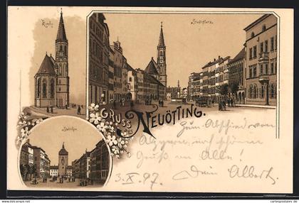 Lithographie Neuötting, Stadtplatz, Landshuter-Thor, Stadtthor