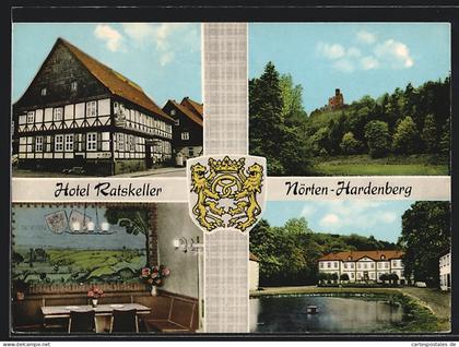 AK Nörten-Hardenberg, Hotel Ratskeller, Inh. Josefine Menk mit Blick auf Burg