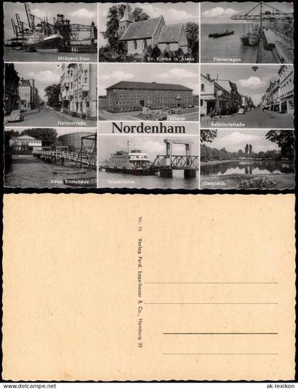Ansichtskarte Nordenham Pier, Hafen, Rathaus uvm 1965