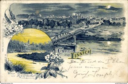 Lithographie Linnich in Westfalen, Gesamtansicht bei Nacht, Wehr, Roerdorf