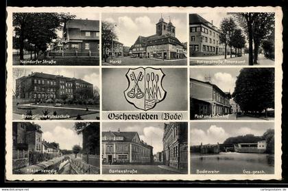 AK Oschersleben, Markt, Post und Bahnhof, Gartenstrasse