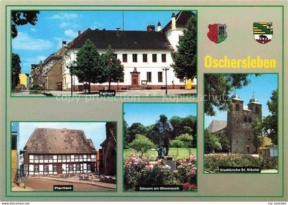 Oschersleben Bode Rathaus Pfarrhaus Saemann am Wiesenpark Statue Stadtkirche St.