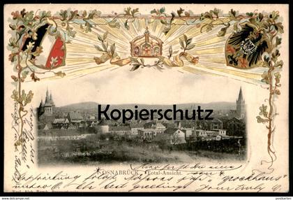 ALTE LITHO PRÄGE POSTKARTE OSNABRÜCK TOTAL-ANSICHT Krone Wappen Total Gesamtansicht Ansichtskarte postcard cpa AK