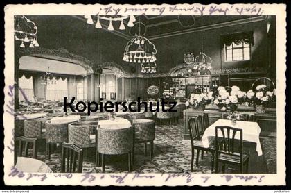 ALTE POSTKARTE HOTEL GERMANIA OSNABRÜCK WEINRESTAURANT KLEINKUNSTBÜHNE BLUMENBOUQUET PETERSILIE Ansichtskarte postcard