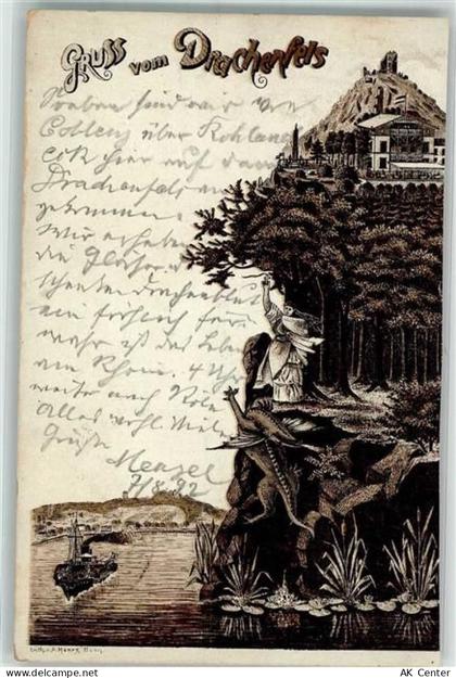 53639 W5330 Drachenfels 1892 Lithographie Vorläufer Gasthaus Drachenfels... - 13632743
