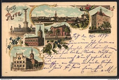 Lithographie Peitz, Bahnhof, Kriegerdenkmal und Rathaus