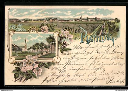 Lithographie Plattling, Teilansicht, Ortspartie mit Kirche