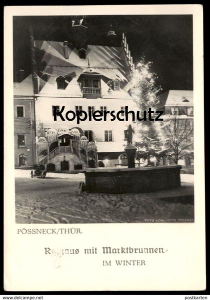 ALTE POSTKARTE PÖSSNECK RATHAUS MIT MARKTBRUNNEN IM WINTER WEIHNACHTEN THÜRINGEN Auto Schnee Ansichtskarte postcard cpa