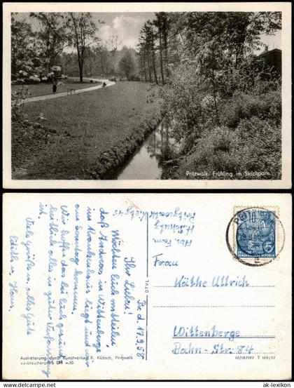 Ansichtskarte Pritzwalk Frühling im Stadtpark zur DDR-Zeit 1958