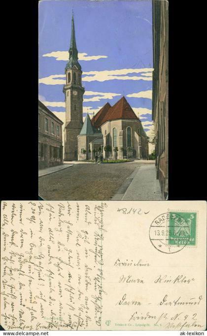 Ansichtskarte Radeberg Straßenpartie - Kirche 1925