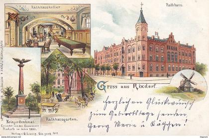 Litho Gruss aus Rixdorf Rathaus,Rathausgarten,Rathauskeller,Kriegerdenkmal color gel. 9.10.97