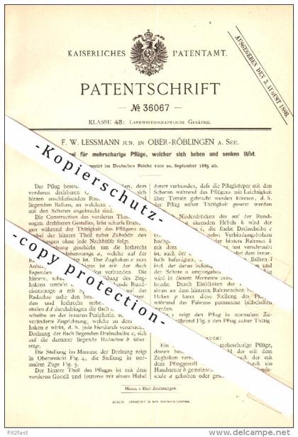 Original Patent - F.W. Lessmann in Ober Röblingen am See / Seegebiet Mansfelder Land , 1885 , Schemel für Plüge , Agrar