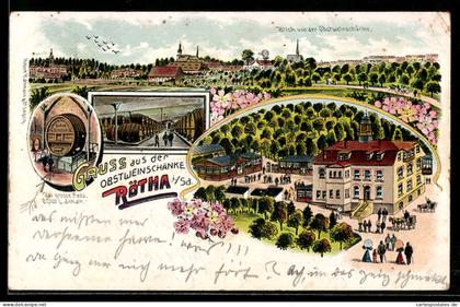 Lithographie Rötha, Restaurant Obstweinschänke mit Gesamtansicht