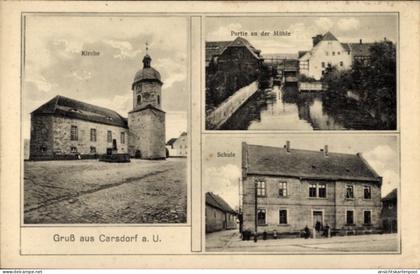 CPA Carsdorf Karsdorf an der Unstrut, Kirche, Partie an der Mühle, Schule