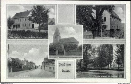 CPA Nessa Teuchern im Burgenlandkreis, Kaufhaus Gaststätte Dorn, Kirche, Dorfstraße, Bitterque, Pa