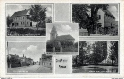 CPA Nessa Teuchern im Burgenlandkreis, Kaufhaus Gaststätte Dorn, Kirche, Rittergut, Dorfstraße, P