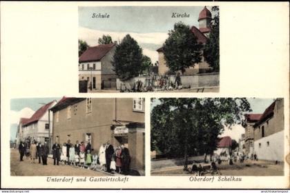 CPA Schelkau Teuchern im Burgenlandkreis, Schule, Gastwirtschaft, Kirche, Oberdorf, Unterdorf