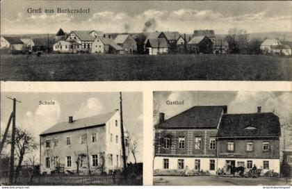 CPA Burkersdorf Reinsberg in Sachsen, Gesamtansicht, Schule, Gasthof