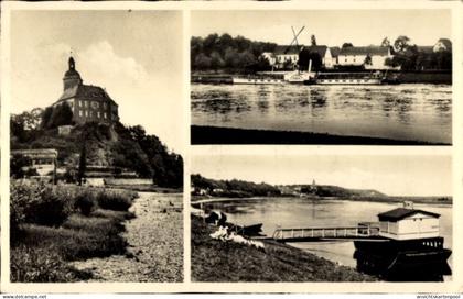 CPA Hirschstein an der Elbe Sachsen, Schloss Schiffe auf dem Wasser, Landschaft, Fluss