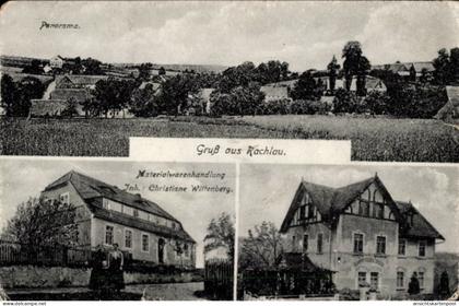 CPA Rachlau Kubschütz in der Oberlausitz, Panoramaansicht, Gruß aus Materialwarenhandlung, Christ