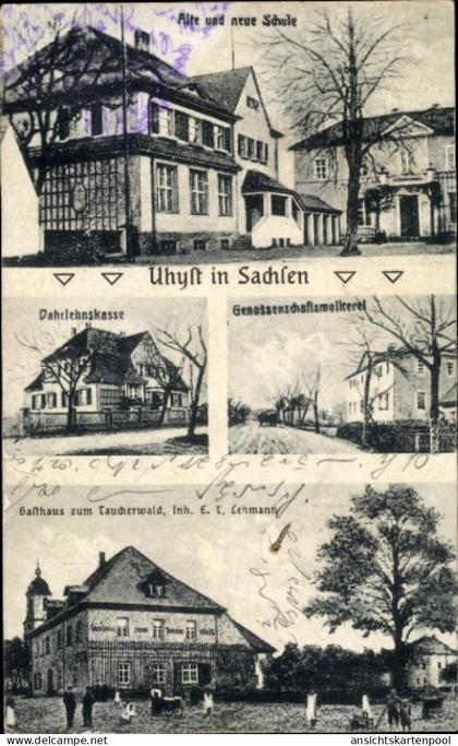 CPA Uhyst am Taucher Burkau in Sachsen, Alte und neue Schule, Gasthaus zum Taucherwald