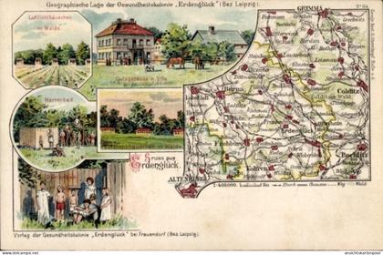 Landkarten Lithographie Frauendorf Frohburg in Sachsen, Gesundheitskolonie Erdenglück, Gutsgebäude, Villa