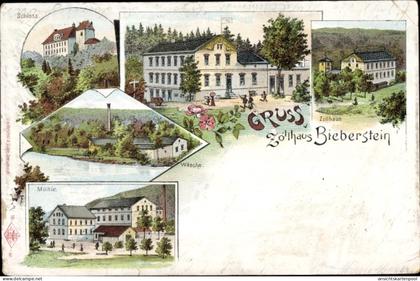 Lithographie Bieberstein Reinsberg in Sachsen, Zollhaus, Schloss, Mühle