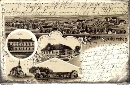 Lithographie Neukirchen Reinsberg in Sachsen, Schule, Gasthaus, Rittergut, Kirche