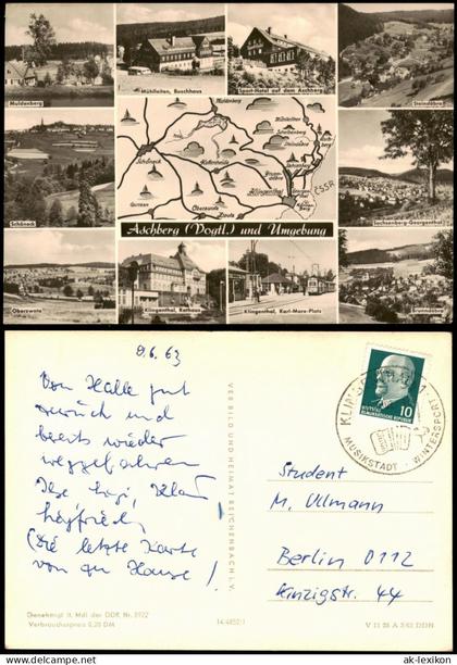.Vogtland DDR Mehrbild-AK Aschberg Vogtland Landkarte und Orte 1963