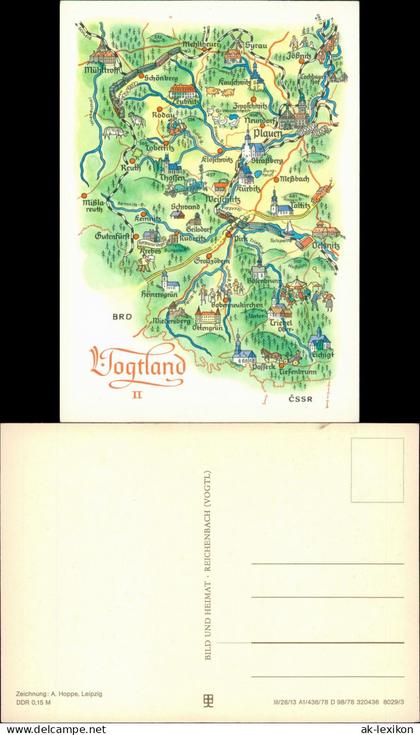 .Vogtland Vogtland II DDR Wander-/Landkarte Zeichnung A. Hoppe Leipzig 1978