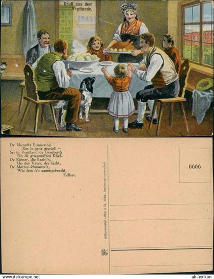 .Vogtland Vogtländische Trachten Familie am Mittagstisch Vogtland 1914